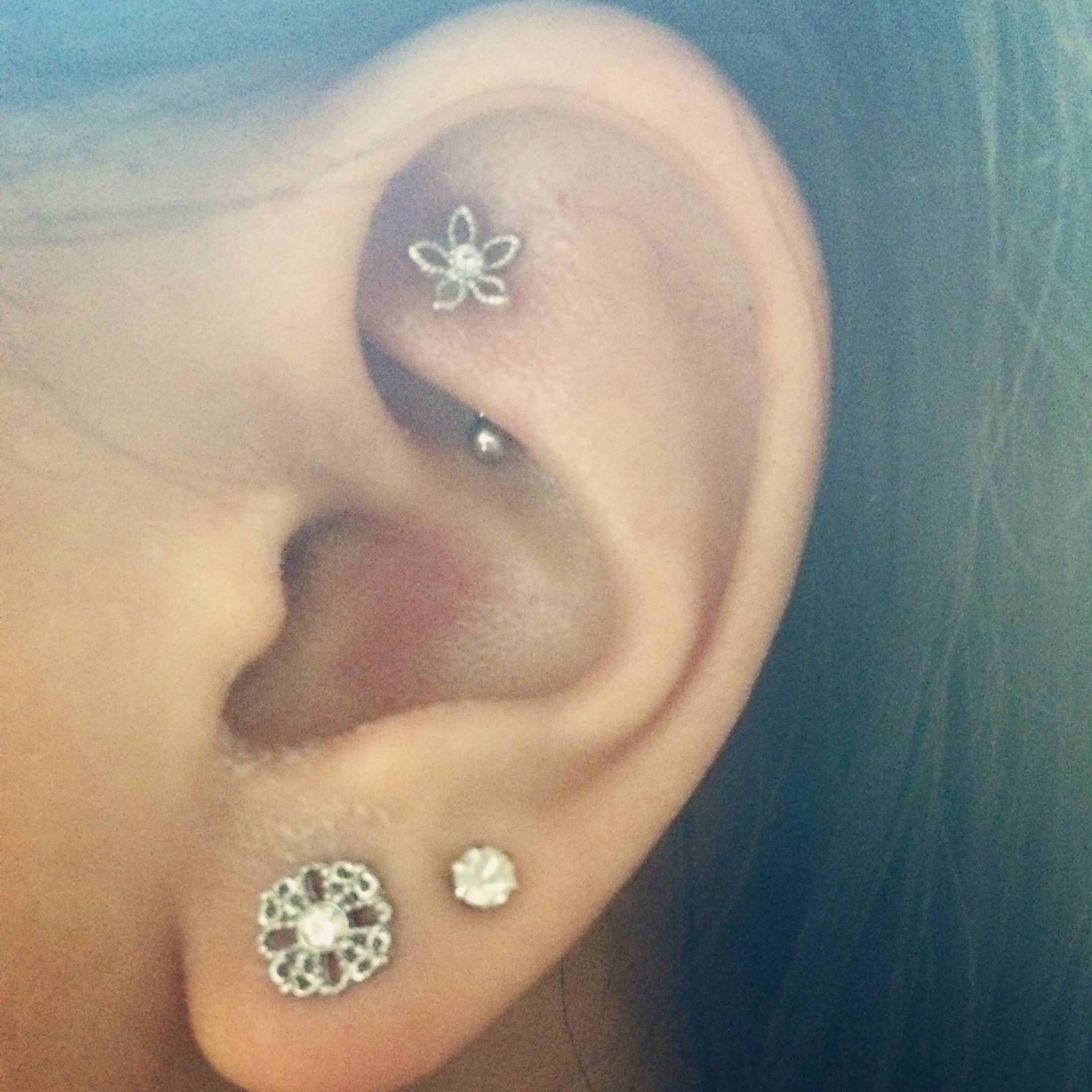 Dual Lobe And Flower Stud Rook Piercing For Girls
