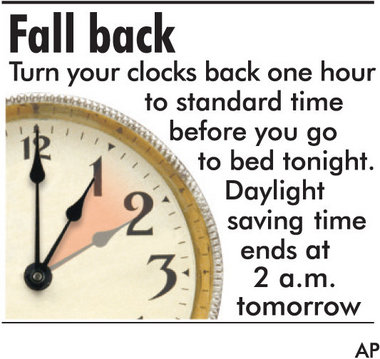 Fall Back Turn Your Clocks Back One Hour To Standard Time Before You Go To Bed Tonight. Daylight Saving Time Ends At 2 A.M.