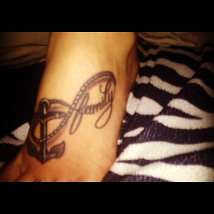 Family - Black Ink Infinity With Anchor Tattoo On Left Foot