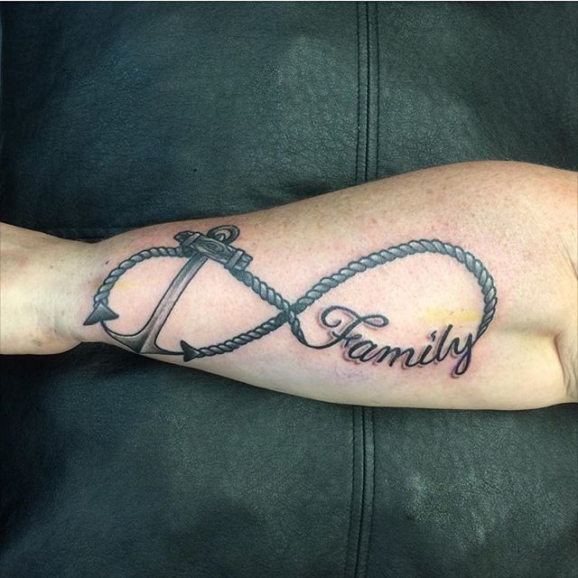 Family - Infinity With Anchor Tattoo On Forearm
