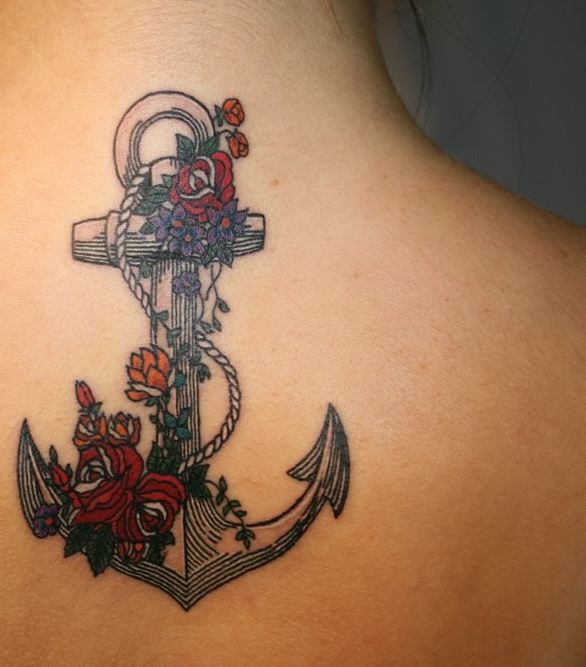 Fantastic Anchor With Flowers Tattoo On Upper Back