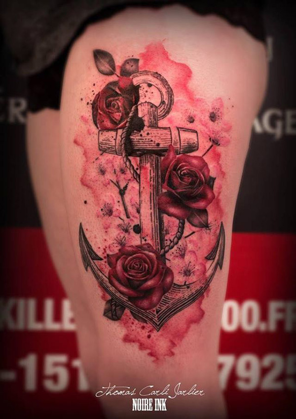 Fantastic Anchor With Roses Tattoo On Girl Left Thigh By Thomas Carli Jarlier
