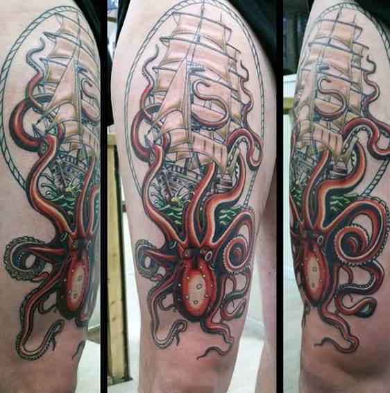 Fantastic Octopus With Ship Tattoo On Right Thigh
