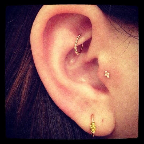 Girl Right Ear Lobe, Tragus And Rook Piercing