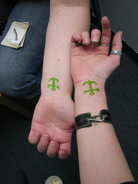 Green Ink Anchor Tattoo On Couple Wrist