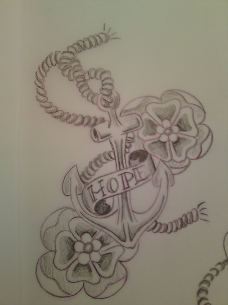 Grey Ink Anchor With Banner And Flowers Tattoo Design