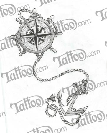 Grey Ink Anchor With Compass Tattoo Design