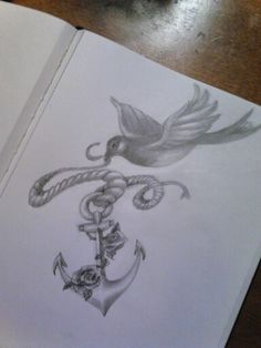 Grey Ink Anchor With Flying Bird Tattoo Design