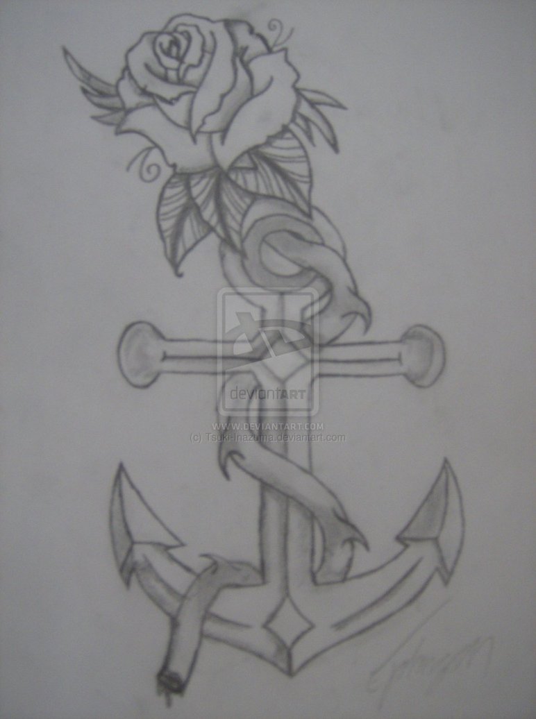 Grey Ink Anchor With Rose Tattoo Design