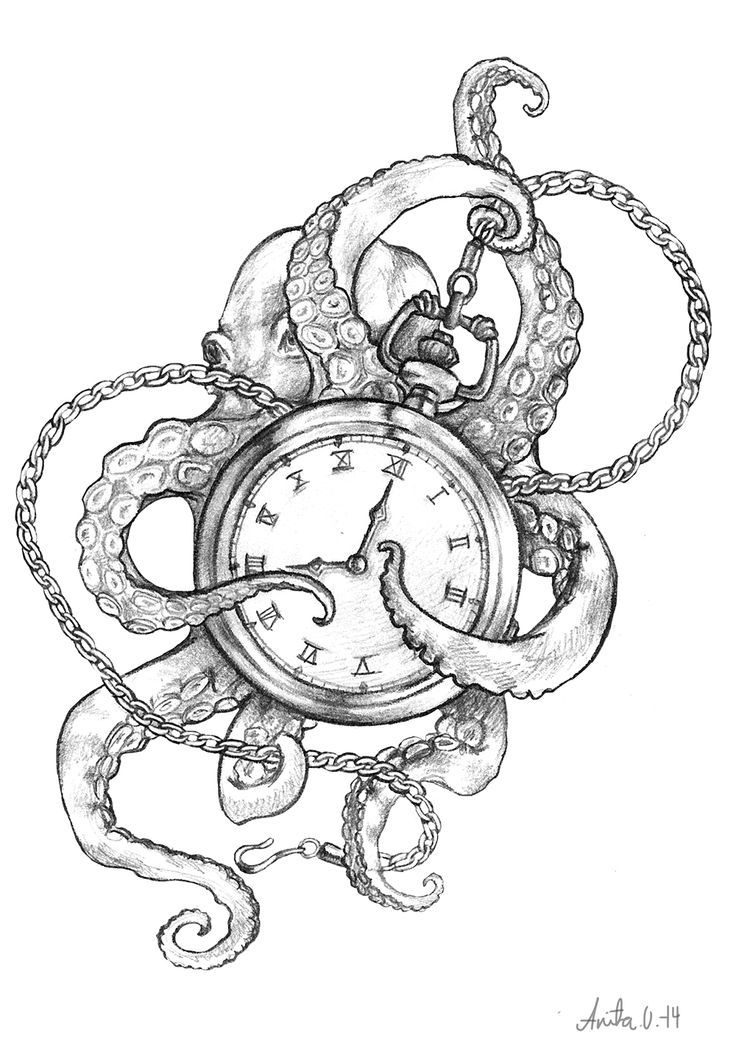 Grey Ink Octopus With Pocket Watch Tattoo Design By AnitaKOlsen