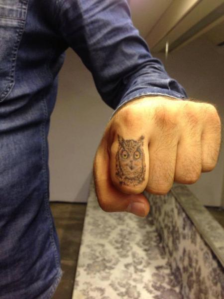 Grey Ink Owl Tattoo On Left Hand Finger
