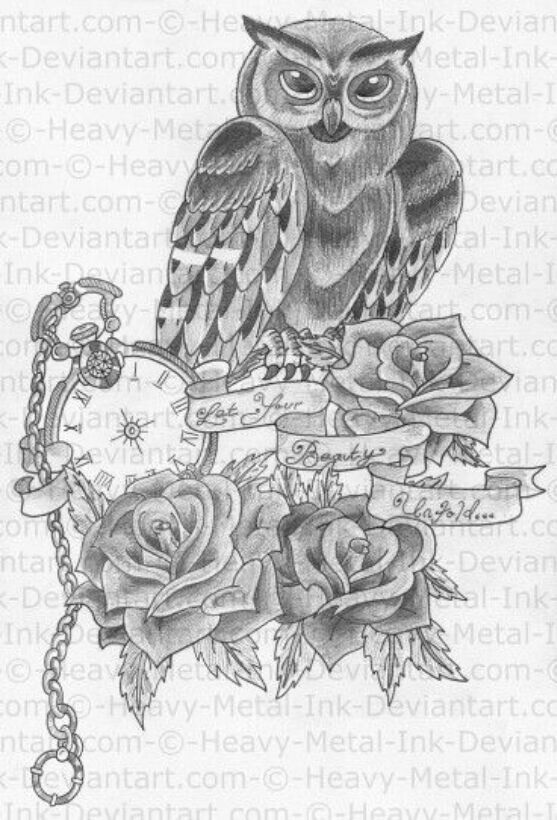Grey Ink Owl With Clock And Roses Tattoo Design By Heavy Metal Ink