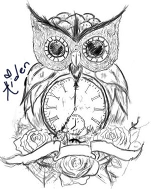 Grey Ink Owl With Clock And Roses Tattoo Design By Xfadedprimadonnax