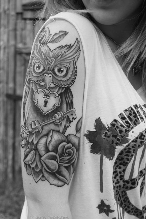 Grey Ink Owl With Heart Lock And Key Tattoo On Girl Right Half Sleeve