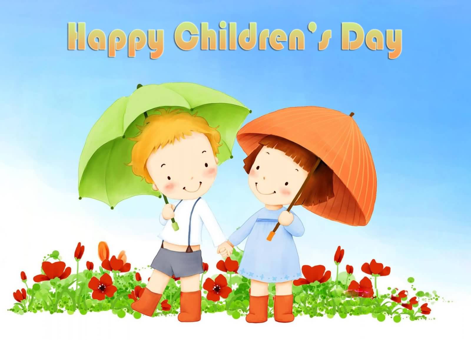 Happy Children's Day Cute Kids With Umbrella HD Wallpaper
