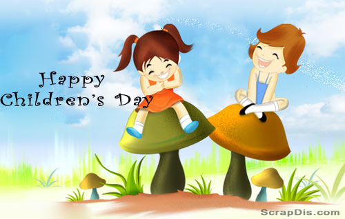 Happy Children's Day Kids Sitting On Mushrooms Illustration