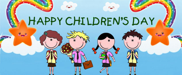 Happy Children's Day Kids With Rainbow Star And Clouds