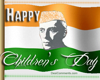 Happy Children's Day Tri Color Flag And Jawaharlal Nehru Picture Glitter