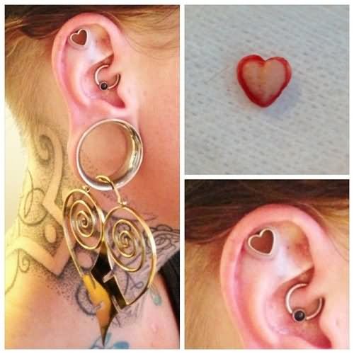Heart Dermal Punch Piercing On Right Ear