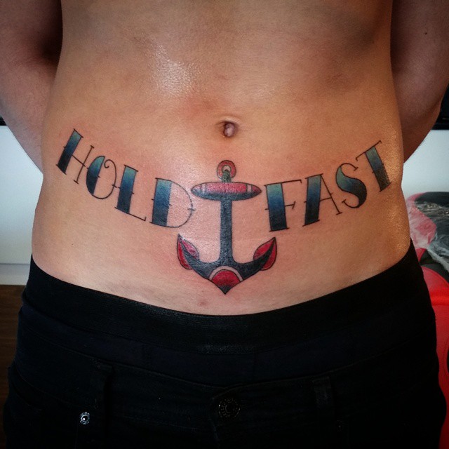 Hold Fast - Traditional Anchor Tattoo On Man Stomach
