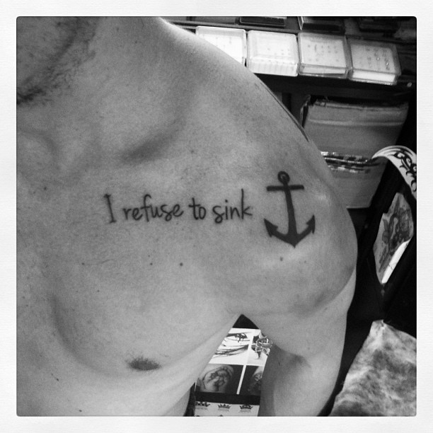 I Refuse To Sink - Black Anchor Tattoo On Man Left Shoulder