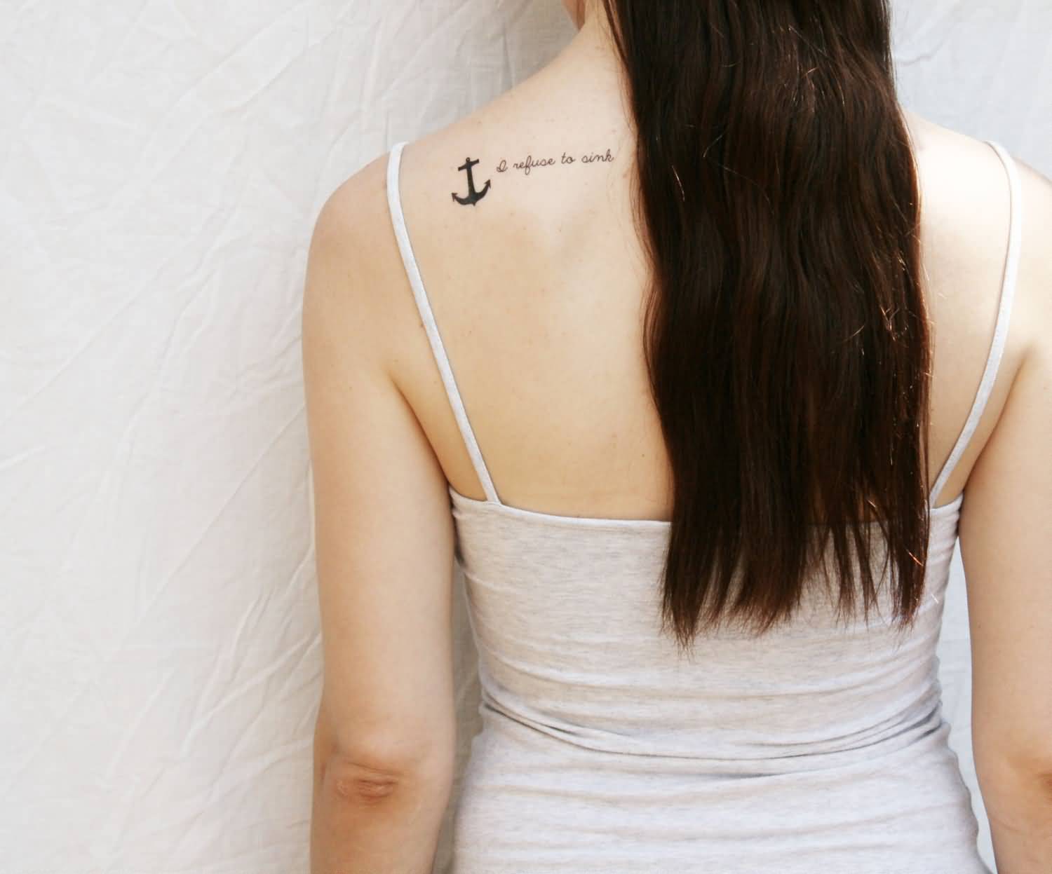 I Refuse To Sink - Black Anchor Tattoo On Women Left Back Shoulder