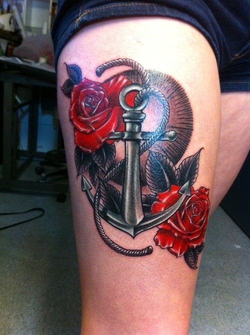 Impressive Anchor With Roses Tattoo On Right Thigh
