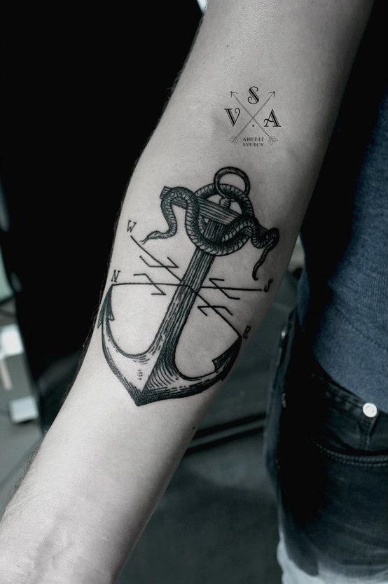 Impressive Black Ink Anchor Tattoo On Right Forearm