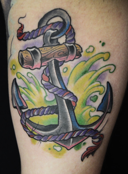 Impressive Colorful 3D Anchor With Rope Tattoo Design