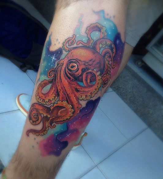 Impressive Colorful Octopus Tattoo On Leg