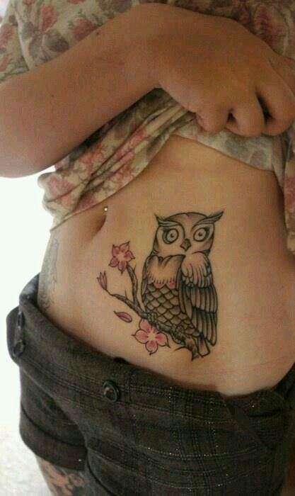 Impressive Owl On Branch Tattoo On Girl Stomach
