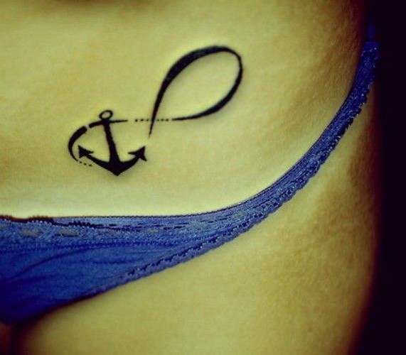Infinity With Anchor Tattoo On Girl Left Side Rib
