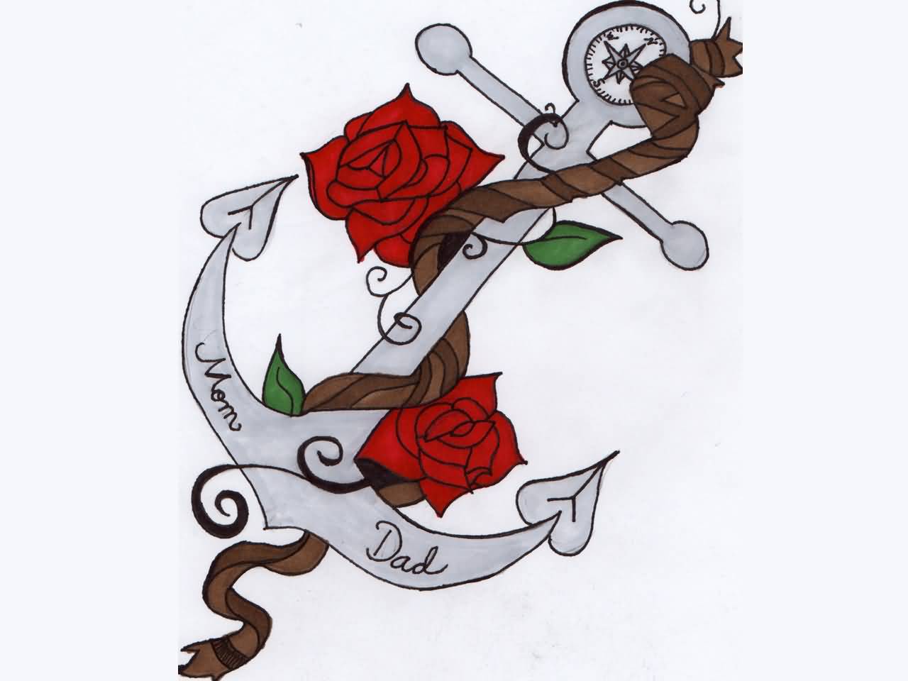Inspiring Anchor With Roses Tattoo Design.