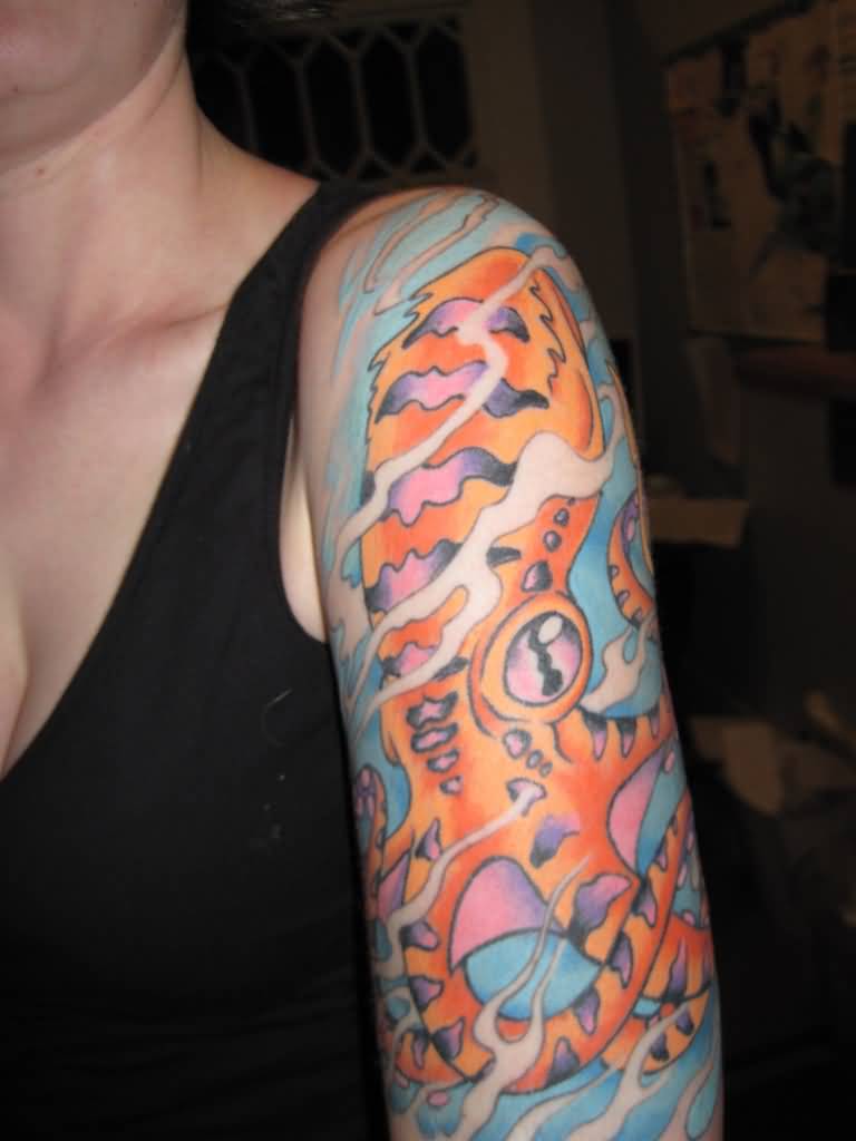 Inspiring Japanese Octopus Tattoo On Women Left Half Sleeve