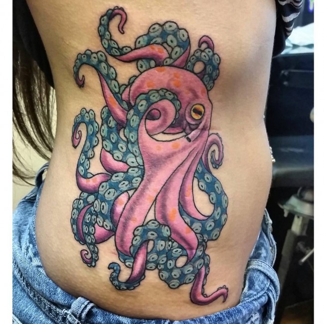 Japanese Octopus Tattoo On Girl Right Side Rib