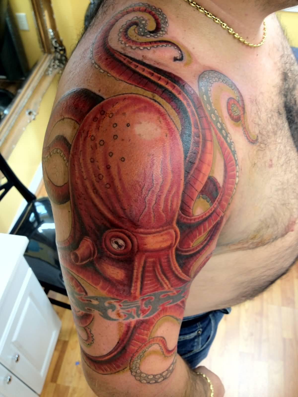 Latest 3D Octopus Tattoo On Man Right Half Sleeve