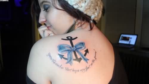 Latest Anchor With Bow Tattoo On Girl Left Back Shoulder