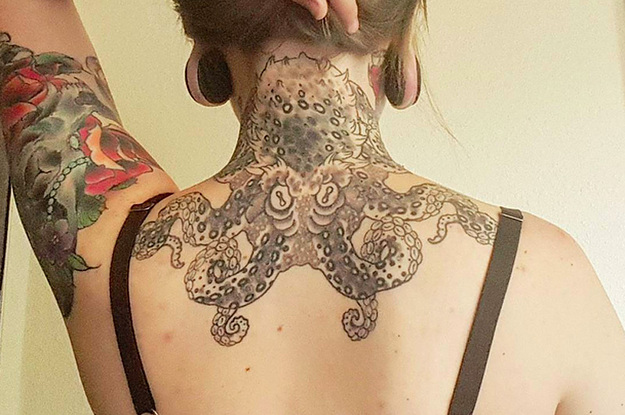 Latest Black And Grey Japanese Octopus Tattoo On Girl Back Neck