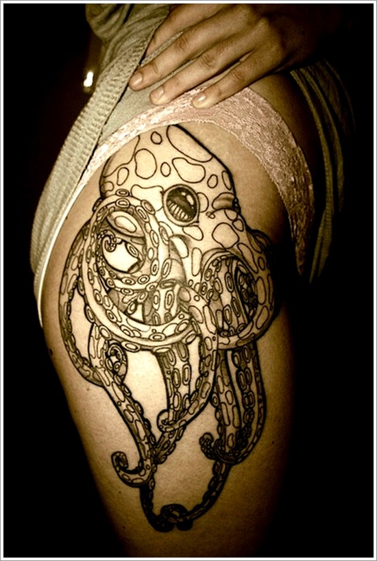 Latest Black Outline Octopus Tattoo On Girl Right Hip