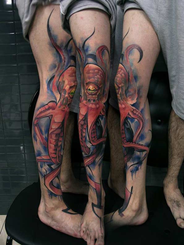 Latest Octopus Tattoo On Right Leg By Uncle Paul