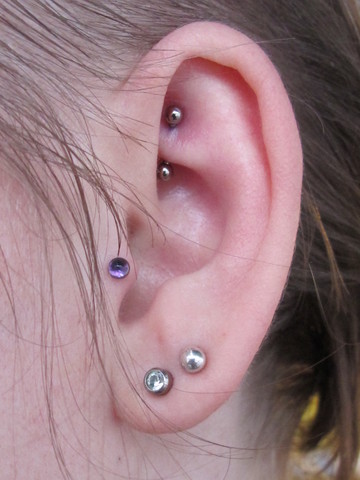 Left Ear Double Lobes And Tragus With Rook Piercing