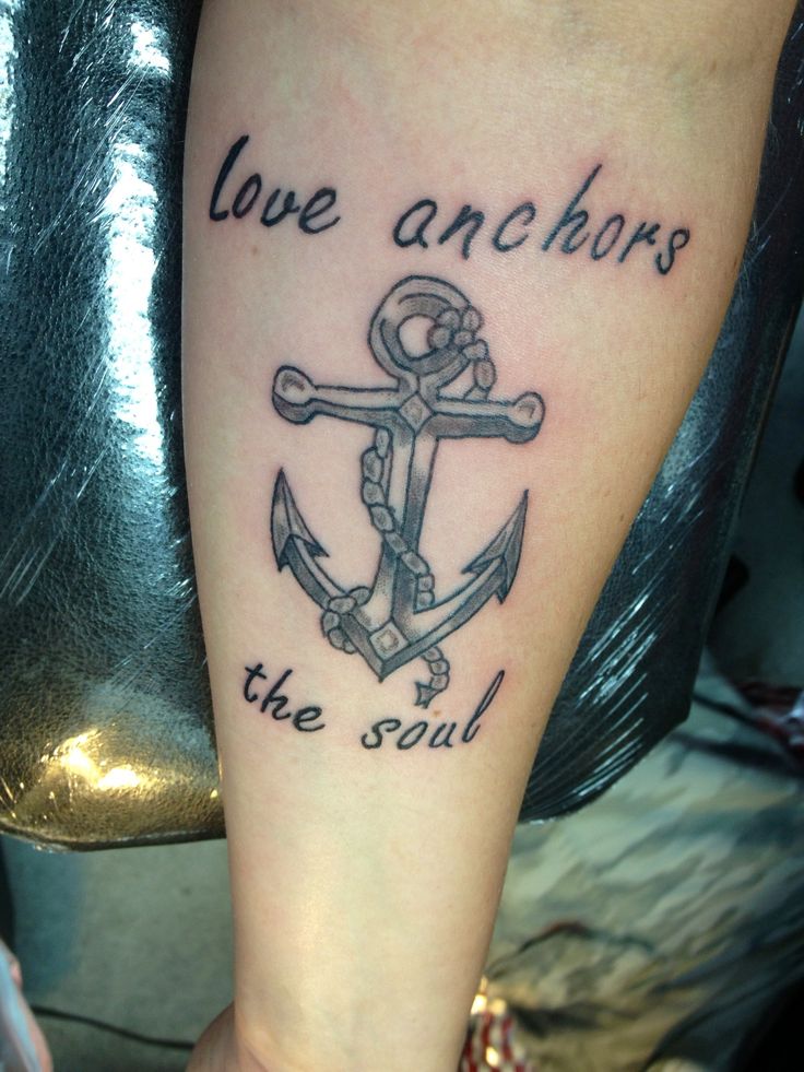 Love Anchor The Soul - Black Ink Anchor Tattoo Design For Forearm