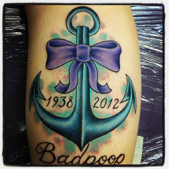 Memorial Anchor With Bow Tattoo Design For Leg Calf