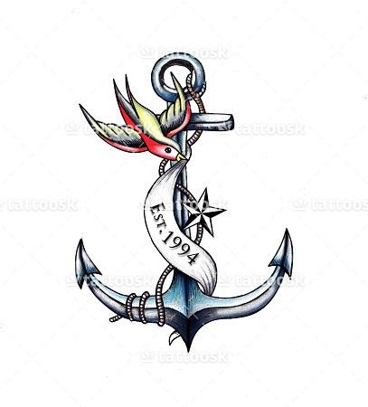 Memorial Anchor With Flying Bird And Banner Tattoo Design