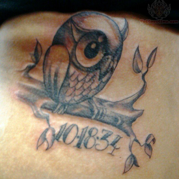 Memorial Black And Grey Owl On Branch Tattoo Design