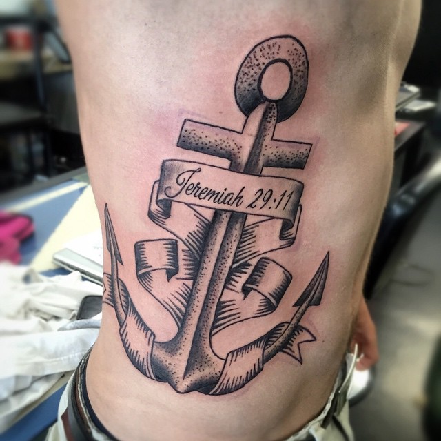 Memorial Dotwork Anchor With Banner Tattoo On Man Right Side Rib