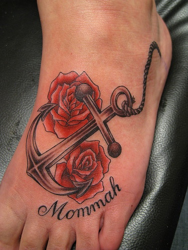 Mommah - Anchor With Roses Tattoo On Left Foot