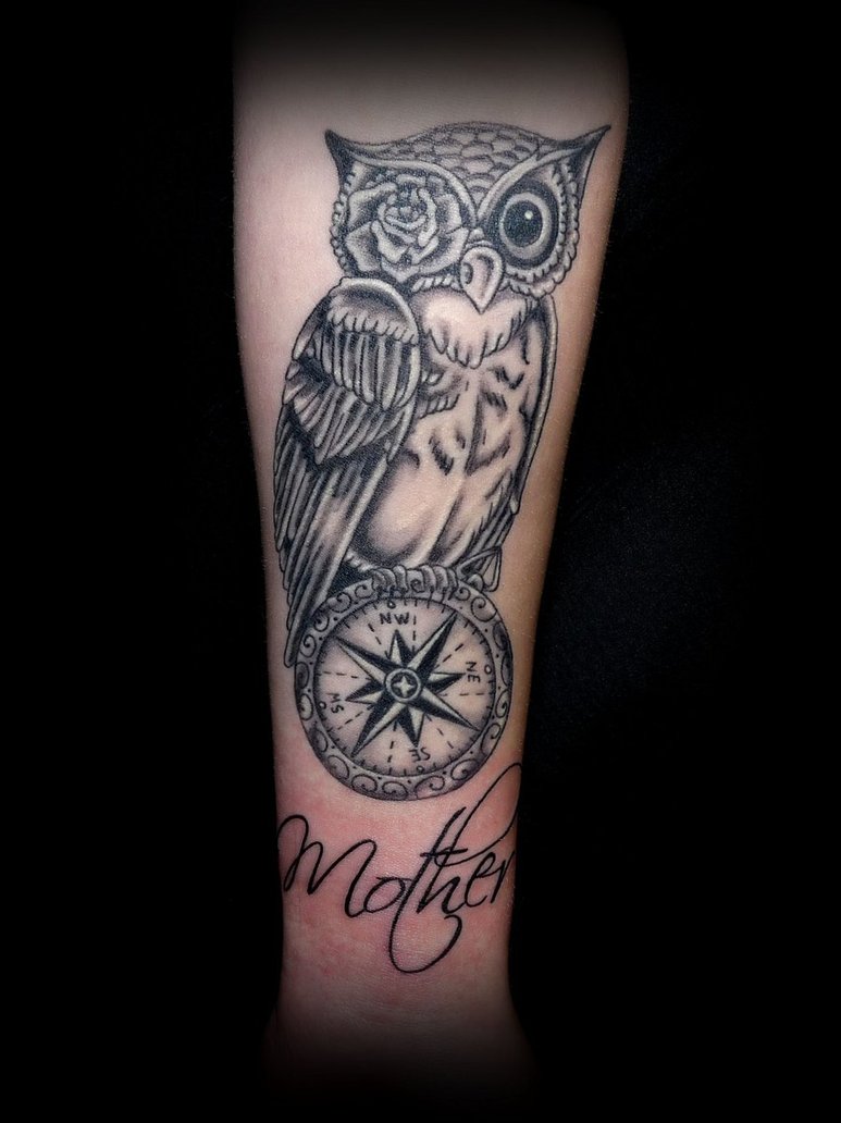 Mother - Black Ink Owl With Compass Tattoo On Forearm