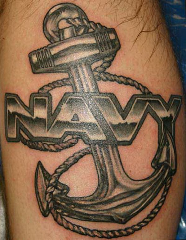 Navy - Black Ink Anchor Tattoo Design For Leg Calf