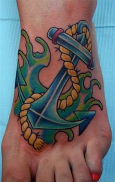 Neo Anchor Tattoo On Girl Left Foot